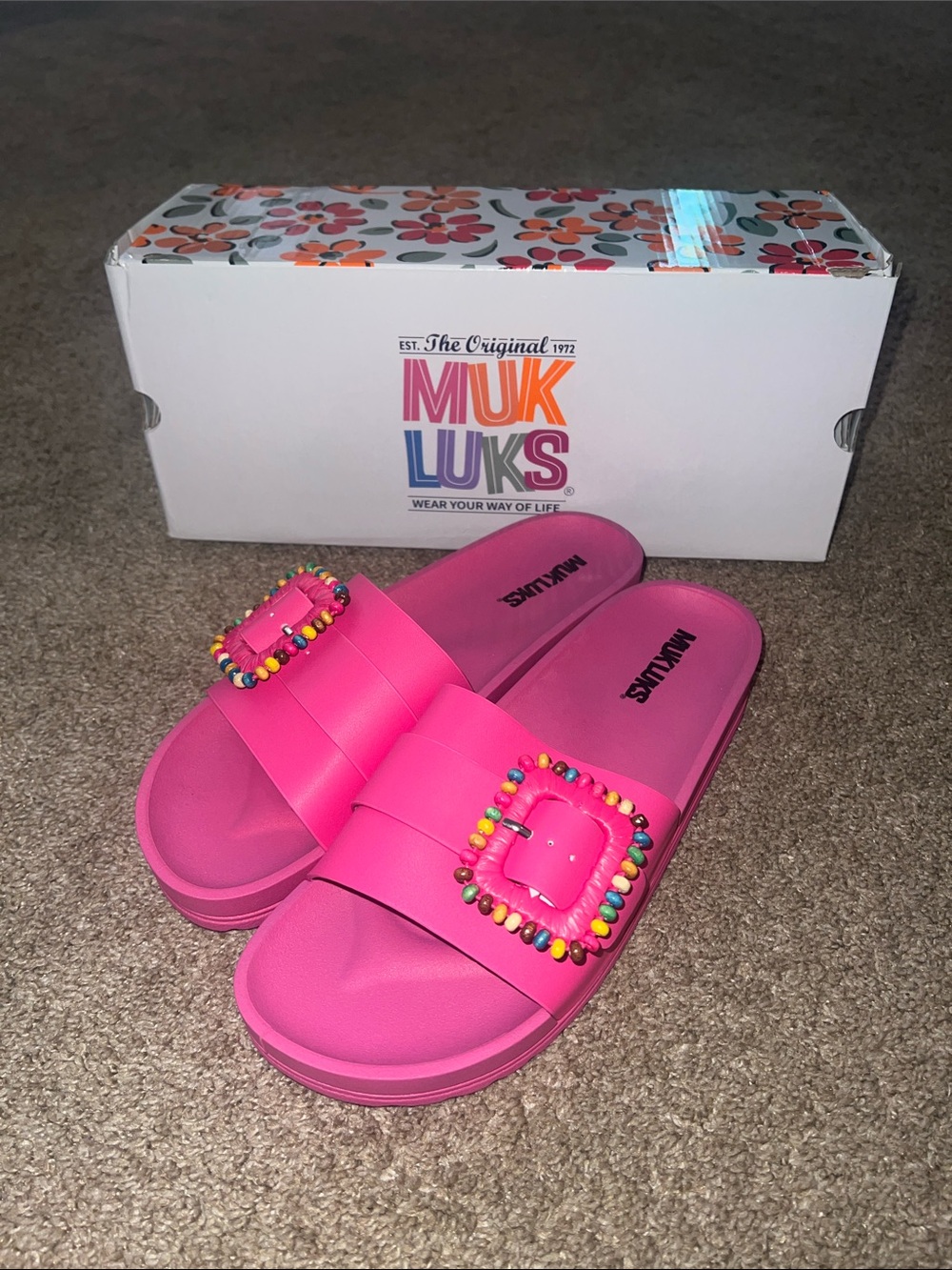 Muk Luks Bright Pink Slide Sandals with Beaded Buckle